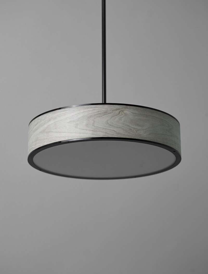 Monoscope Pendant 18" shown in Blackened Brass, Bleached Oak